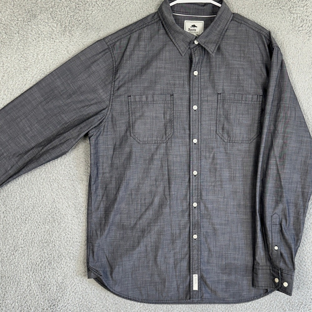 Roots 73 Shirt Mens XL Charcoal Grey Button Up Crosshatch Long Sleeve Pockets